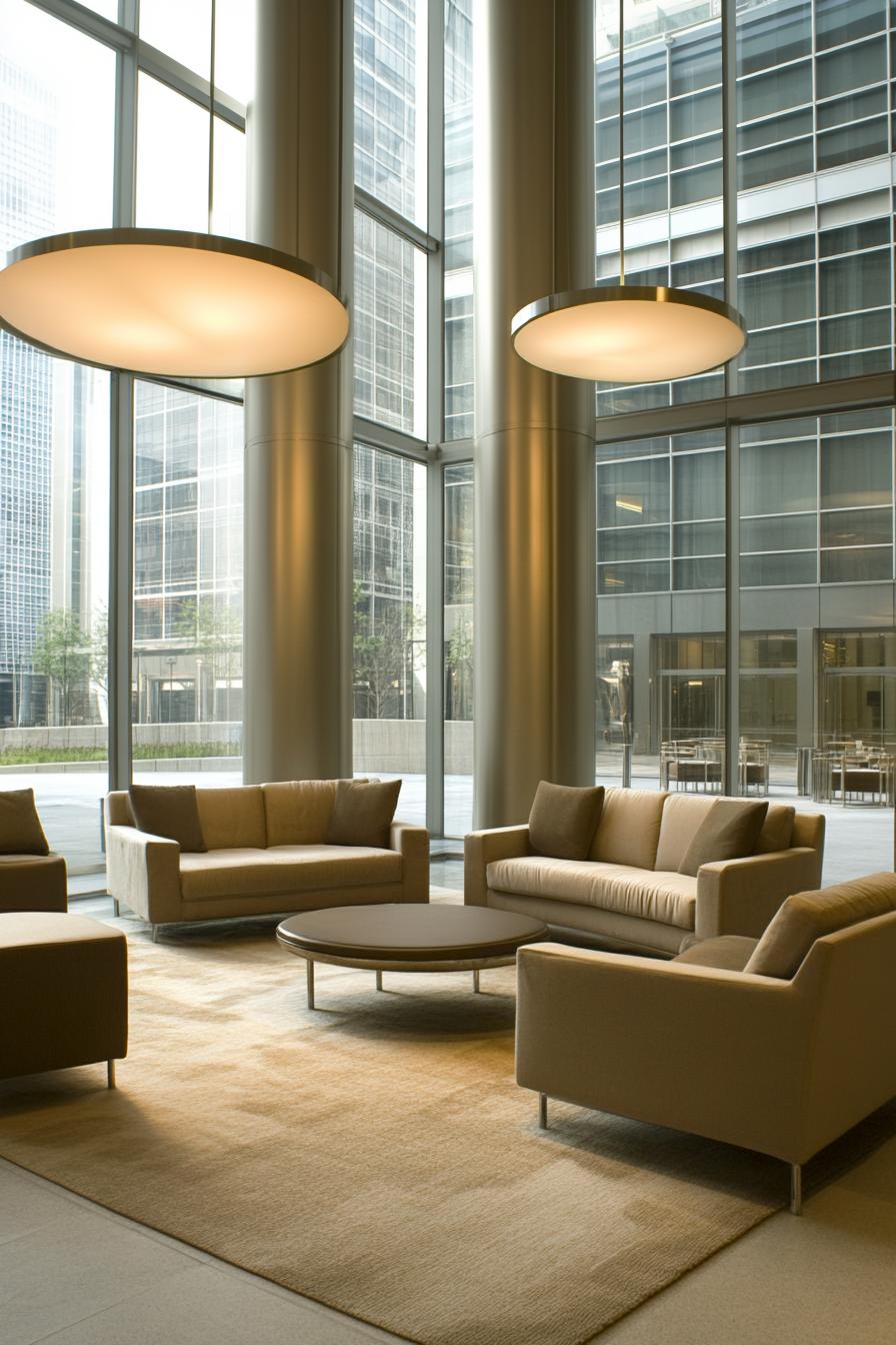 Modern lobby with sofas and hanging lights