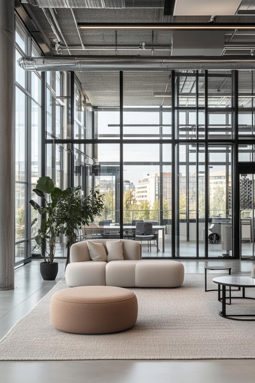 Sleek modern lobby with large windows and comfy seating