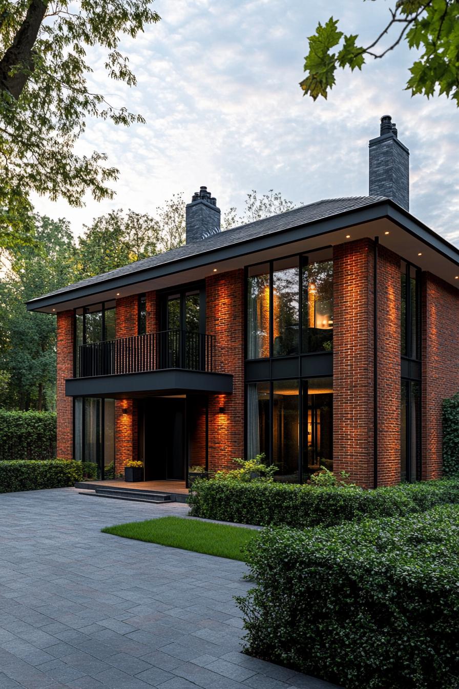 Contemporary brick house with large windows and lush greenery