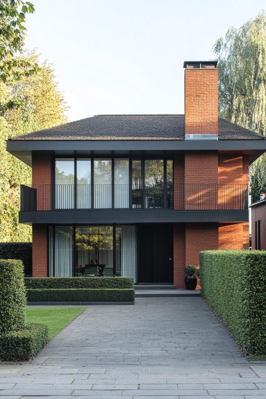 Two-story modern house with red brick and large black-framed windows