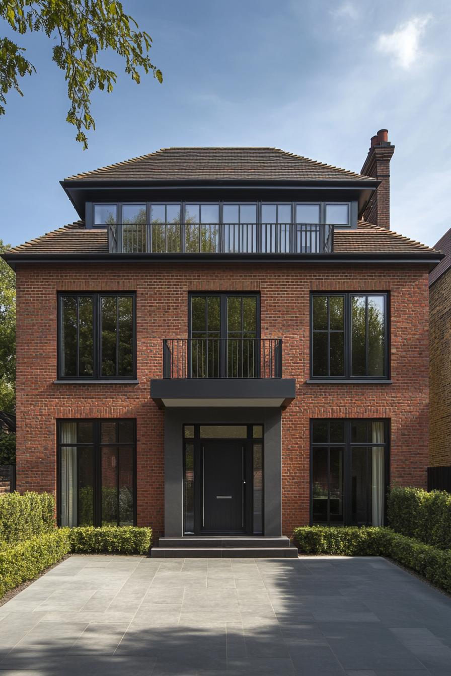 Modern red brick house with black-framed windows