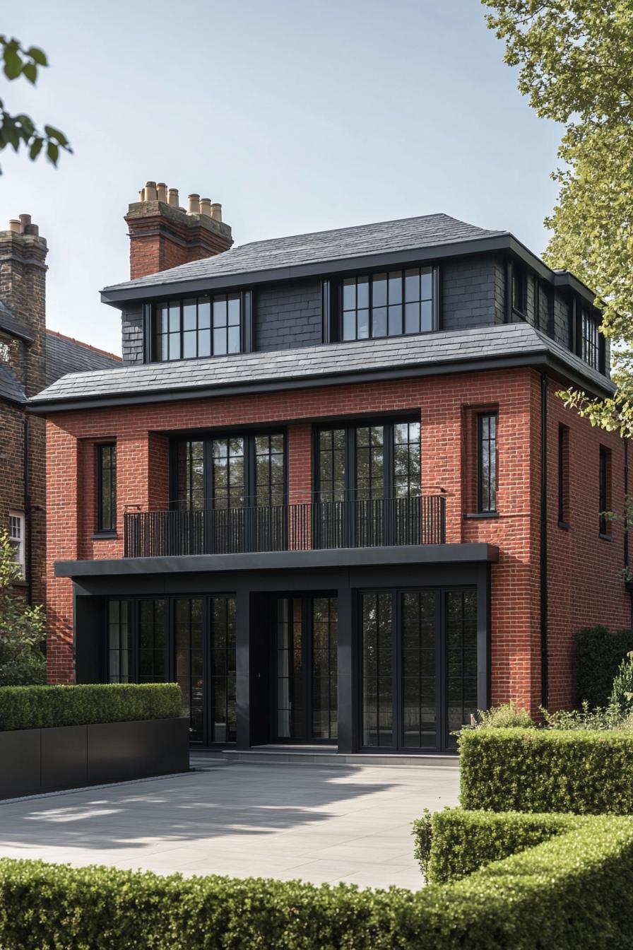 Modern red brick house with black accents and manicured garden