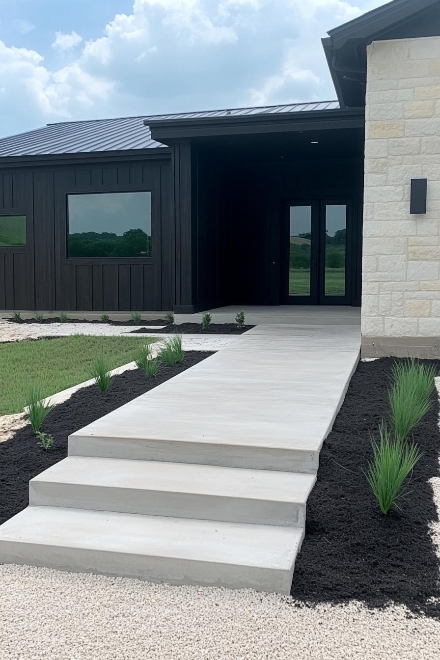 Front entrance of a modern metal building home with contrasting materials