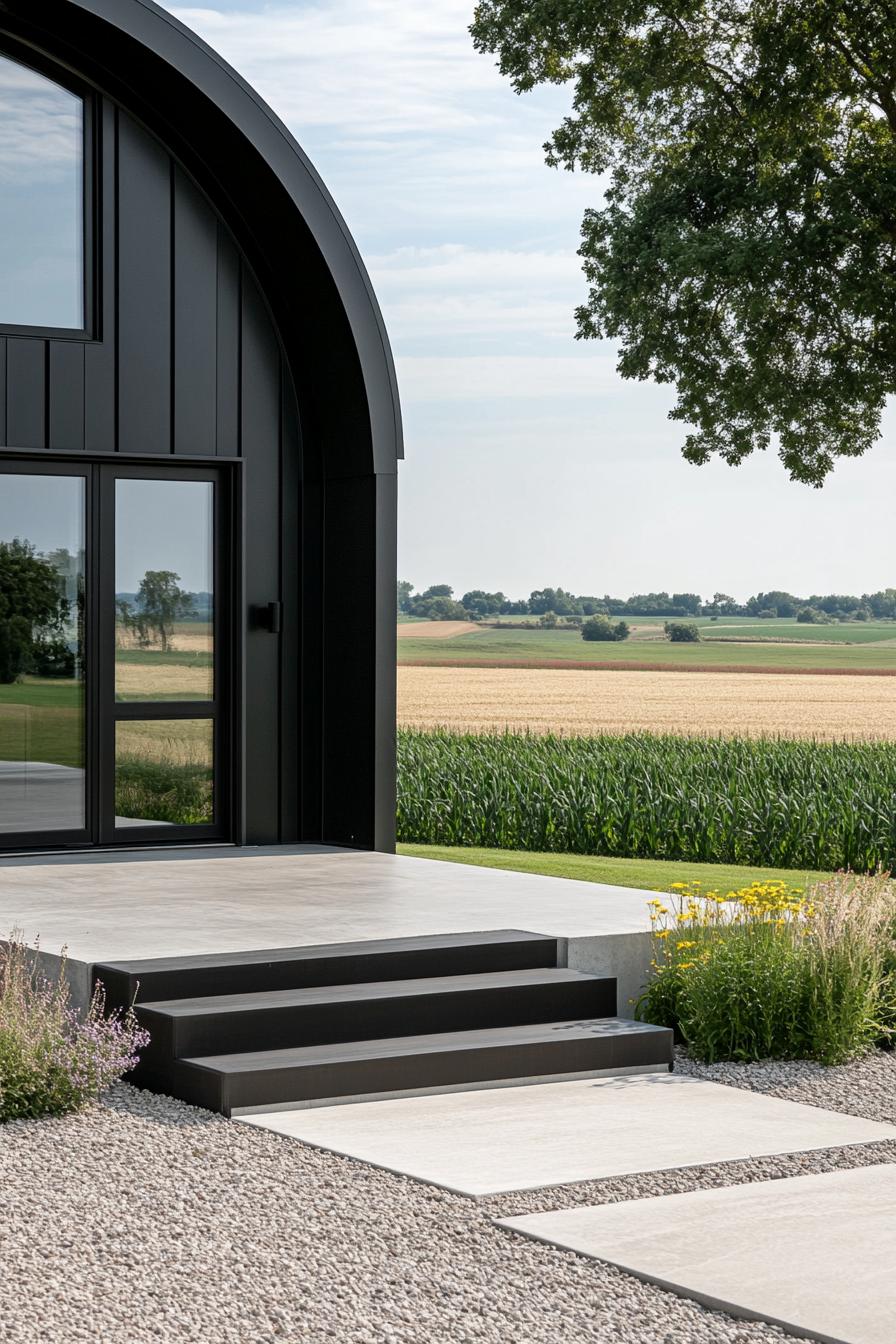 Sleek metal building with arched roof near farmland