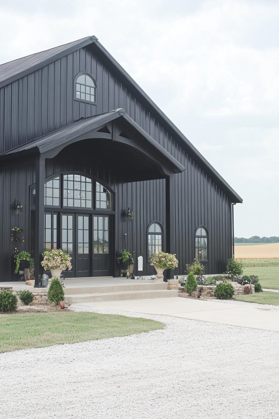 Modern black metal building with arched windows