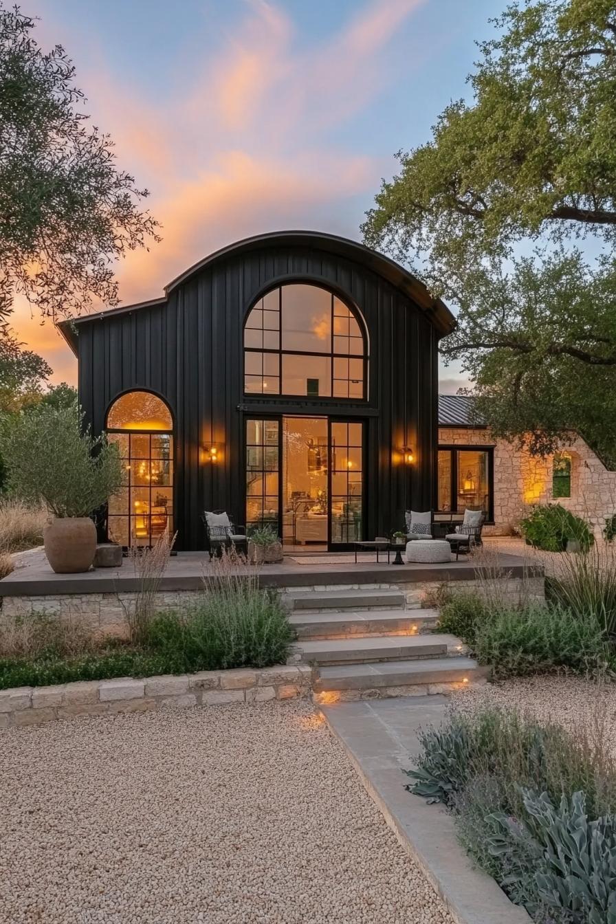 Modern metal home with arched windows and a serene garden