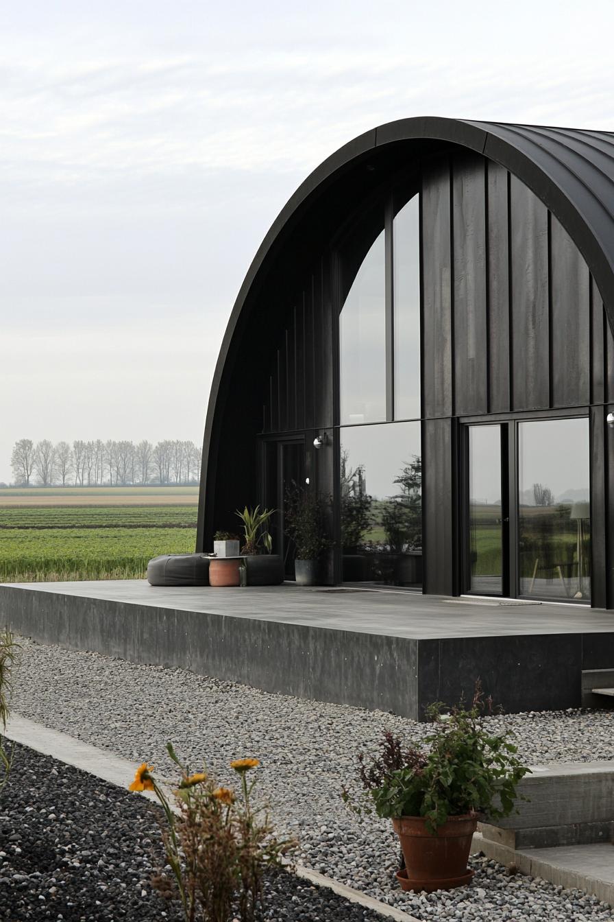 Modern metal building home with curved roof