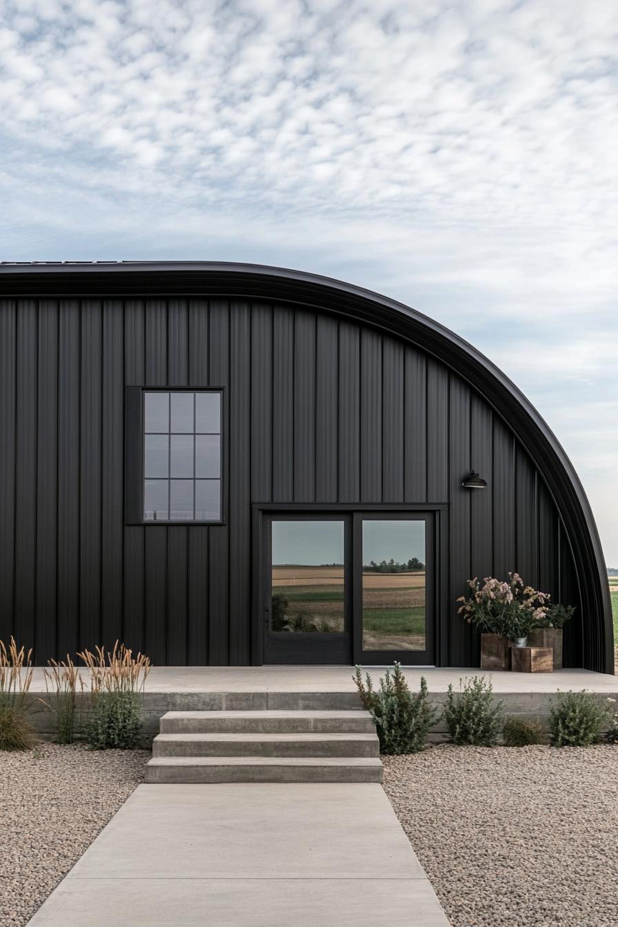 Curved black metal house with a large window and doorway