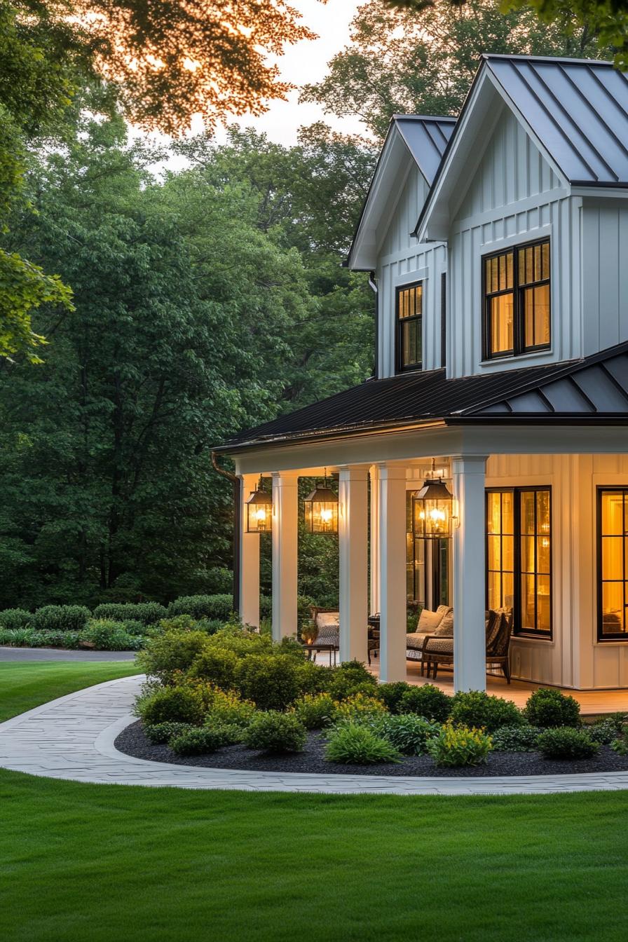 Modern farmhouse porch with glowing lanterns