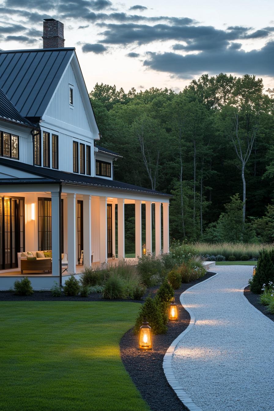 Idyllic modern farmhouse with lit pathway