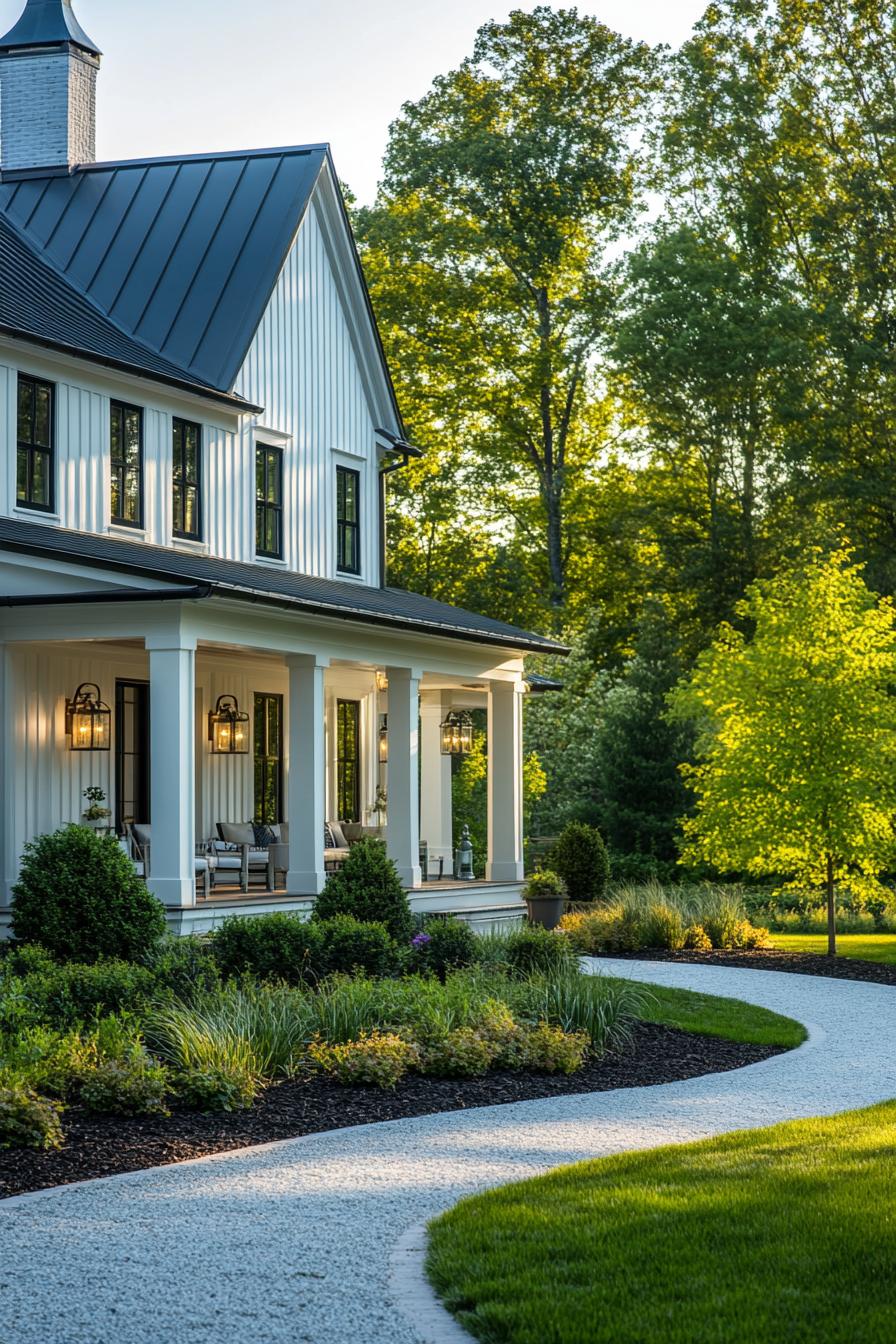 Classic farmhouse with modern features surrounded by greenery