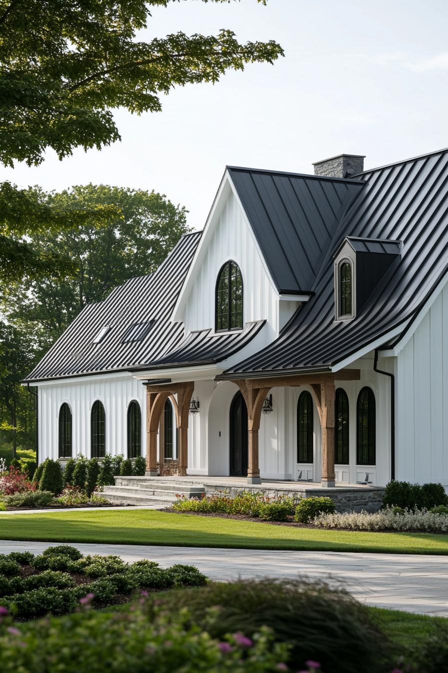 White gothic-style house with black metal roof and wooden arches