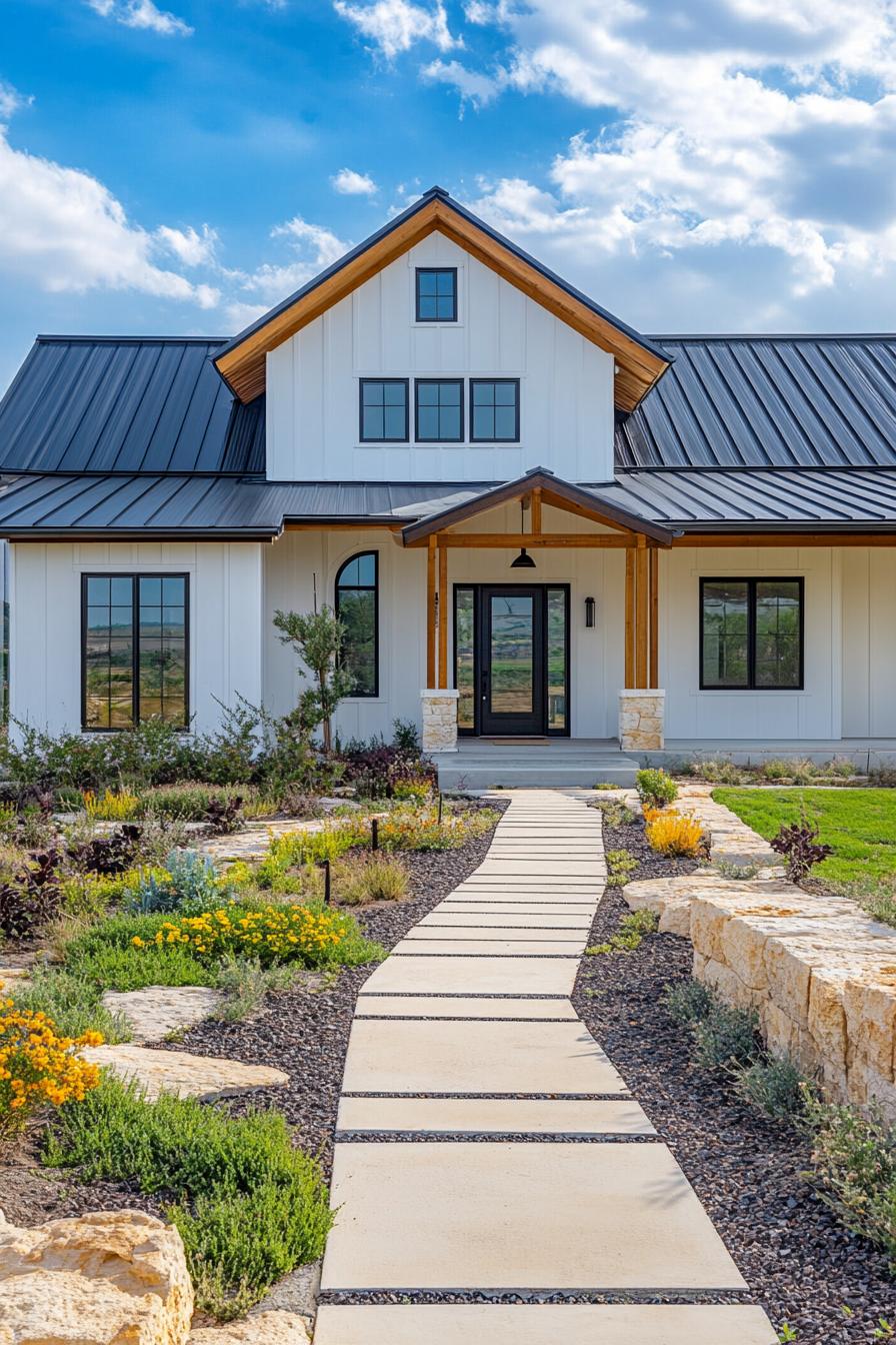 White Gothic-style house with a black metal roof