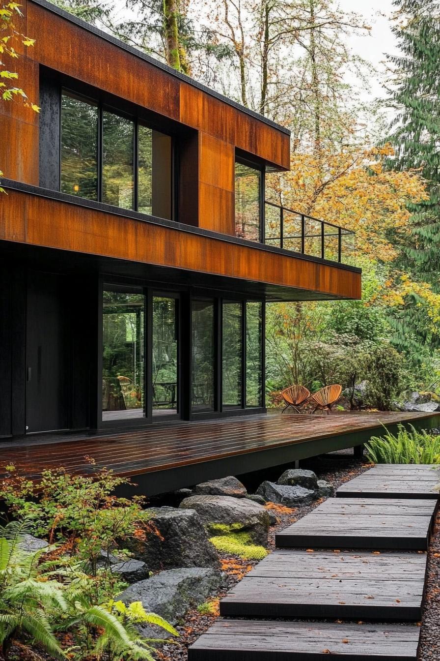 Modern house with a flat roof and rust-colored facade in a lush forest setting