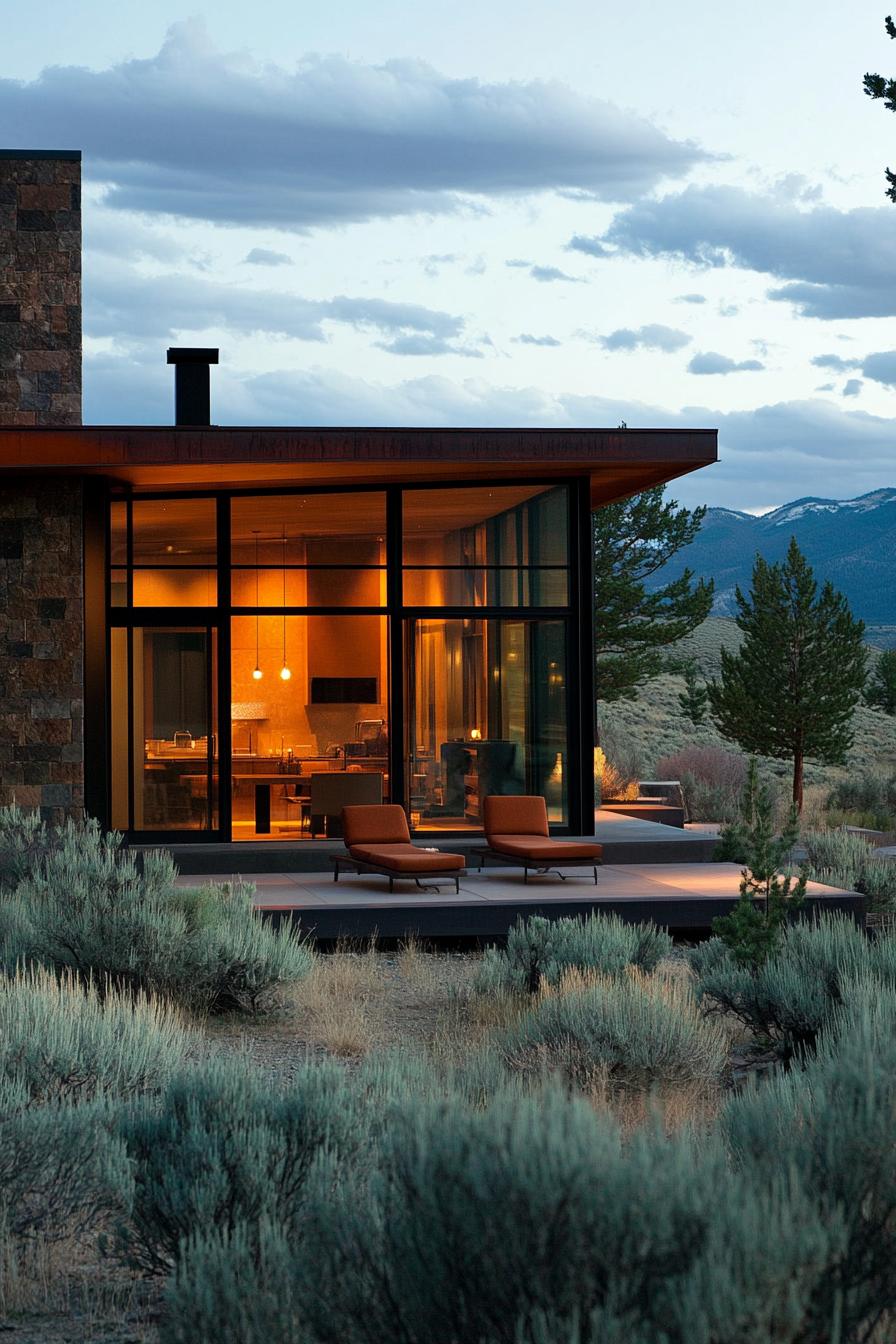 Cozy flat roof house surrounded by nature, featuring large glass windows