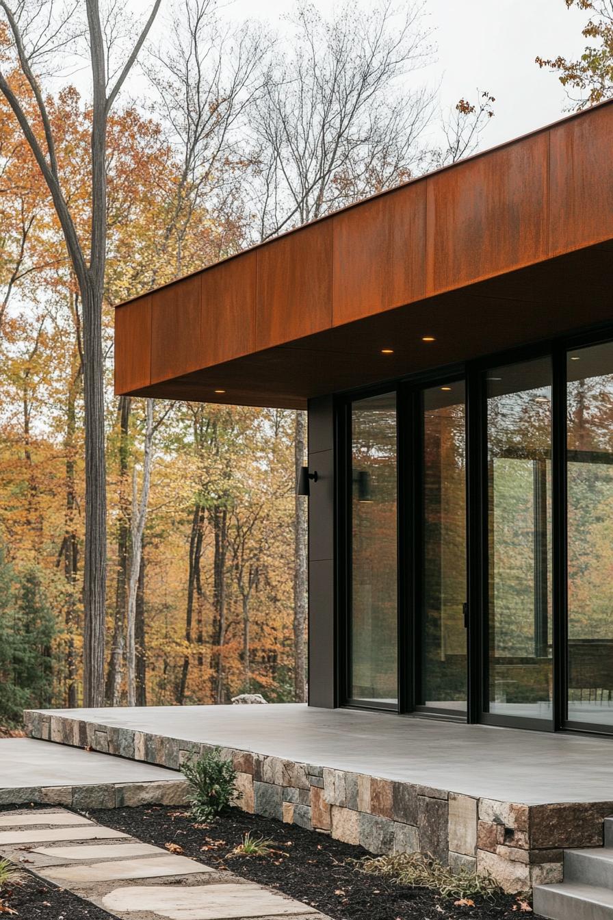 Modern house with a warm, earthy facade set in an autumn forest