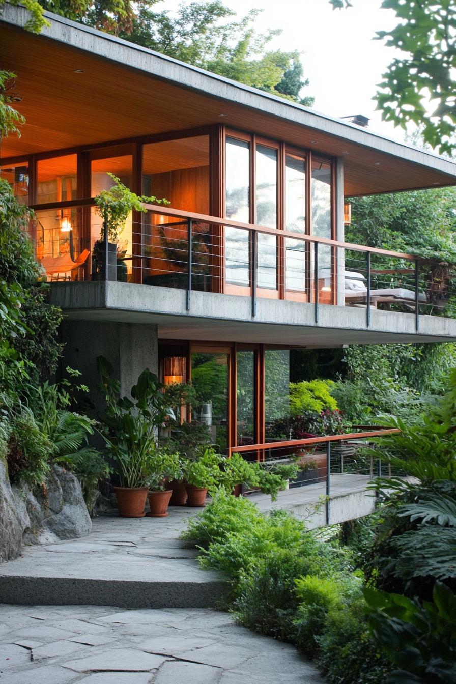 Modern house perched on a lush hillside