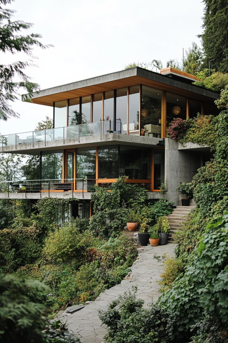 Modern house with large windows amidst lush greenery on a hill