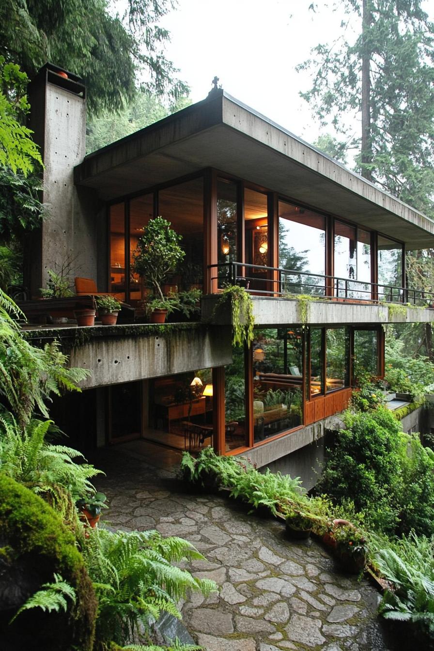 Modern house with glass walls nestled on a lush hillside