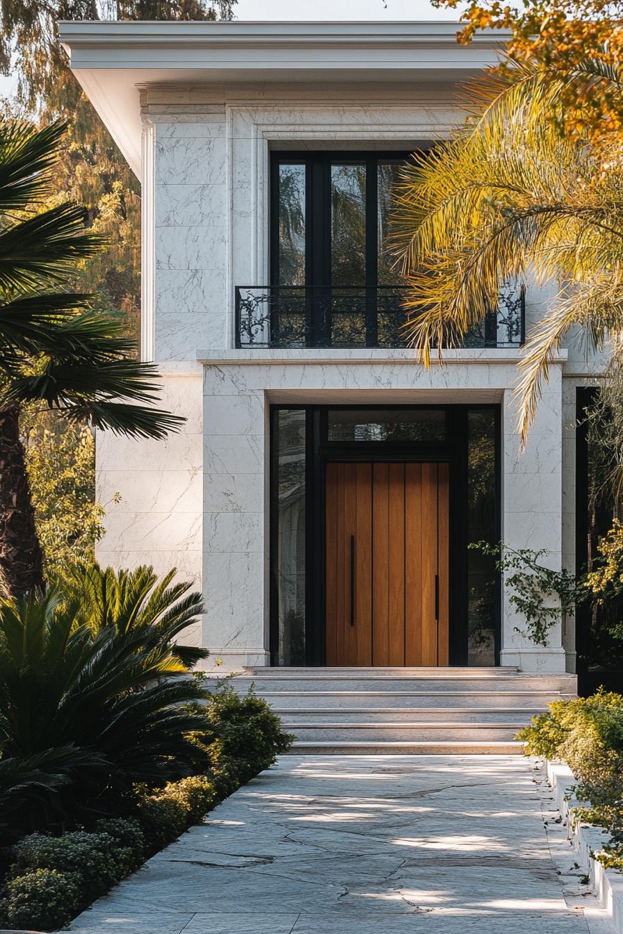 Elegant house entrance with marble facade and palm trees