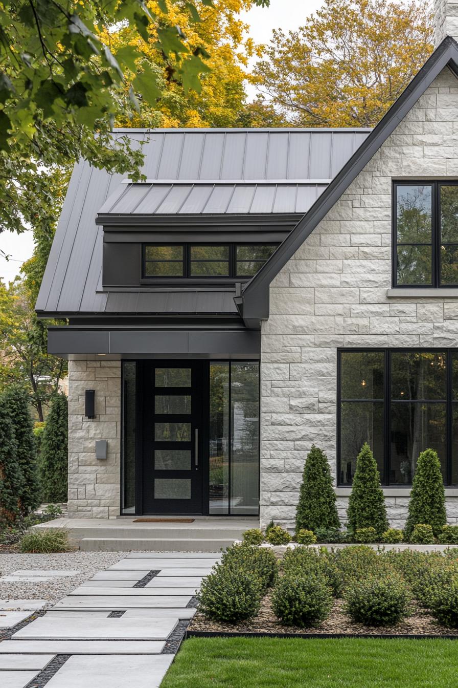 Modern stone house with metal roof and large windows