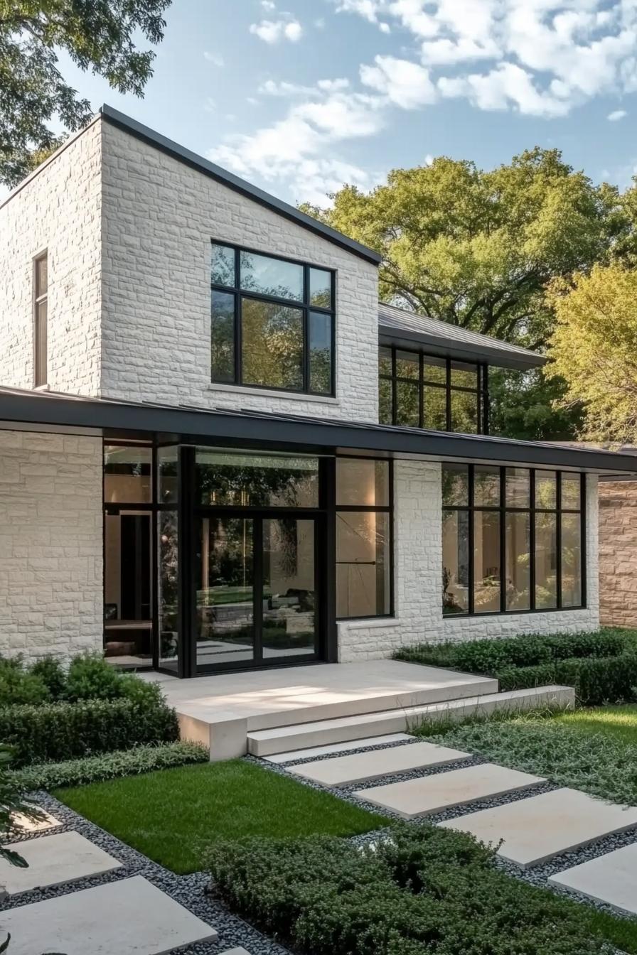 Sleek stone house with large black-framed windows and lush greenery