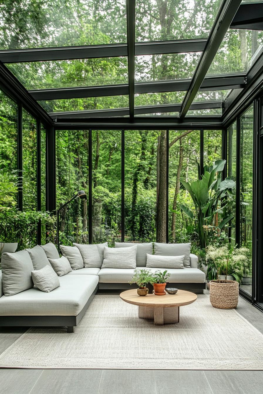 Luxurious glass-enclosed sitting area with lush greenery