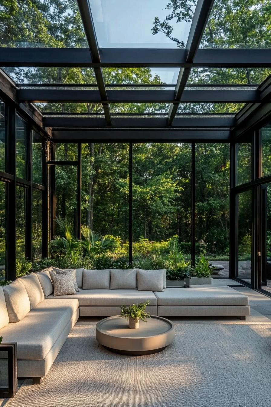 Luxurious outdoor room with glass walls and a comfy sofa