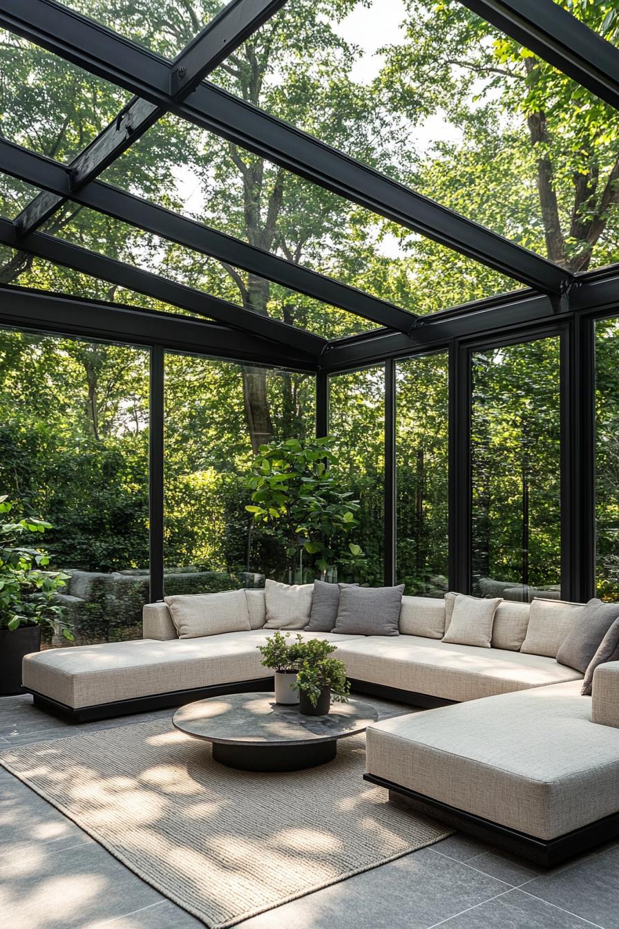 Glass-walled outdoor living area with modern furniture