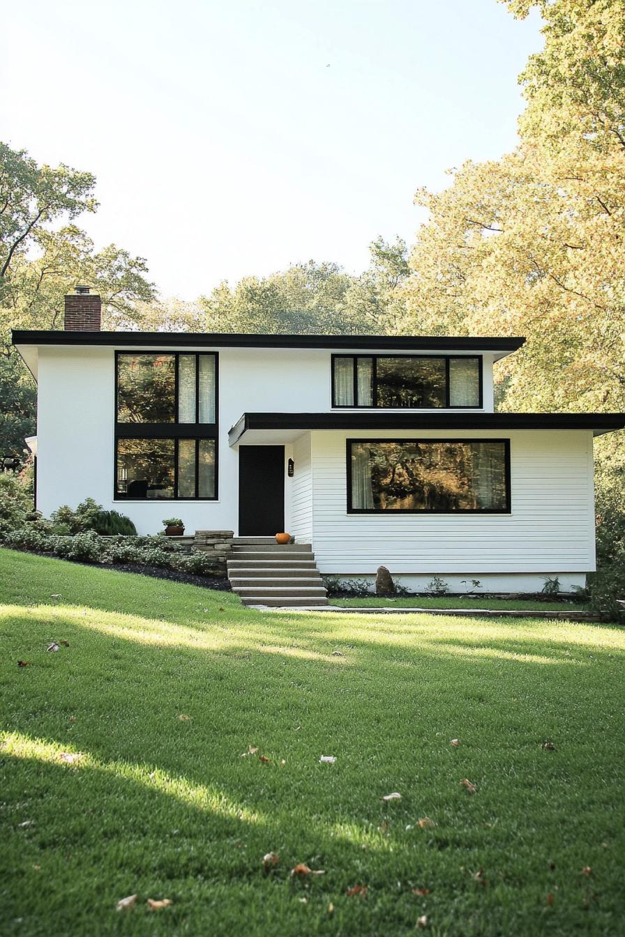 Chic white split-level home with large windows and a spacious green lawn