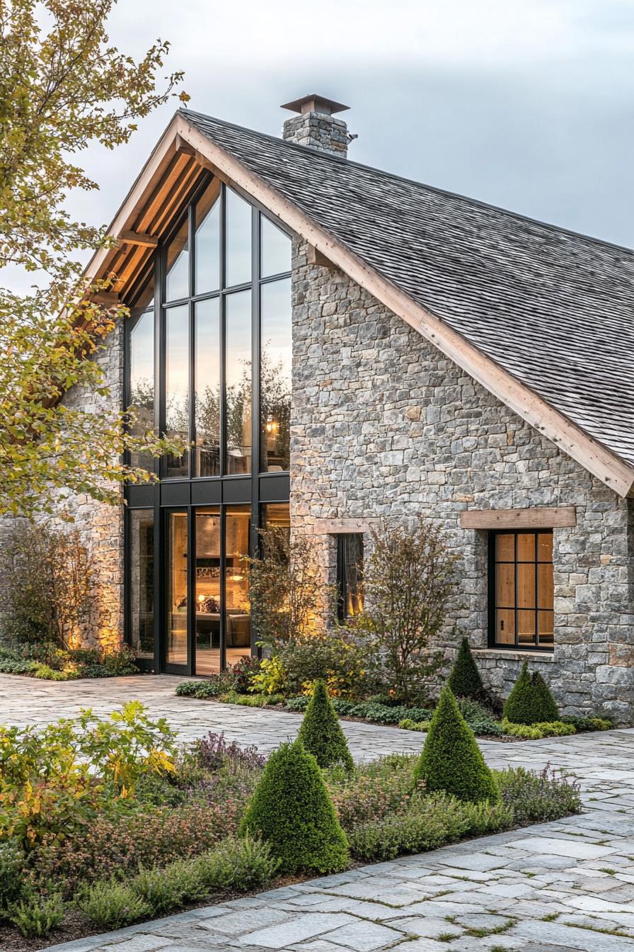 Modern stone barn with large glass windows and lush landscaping