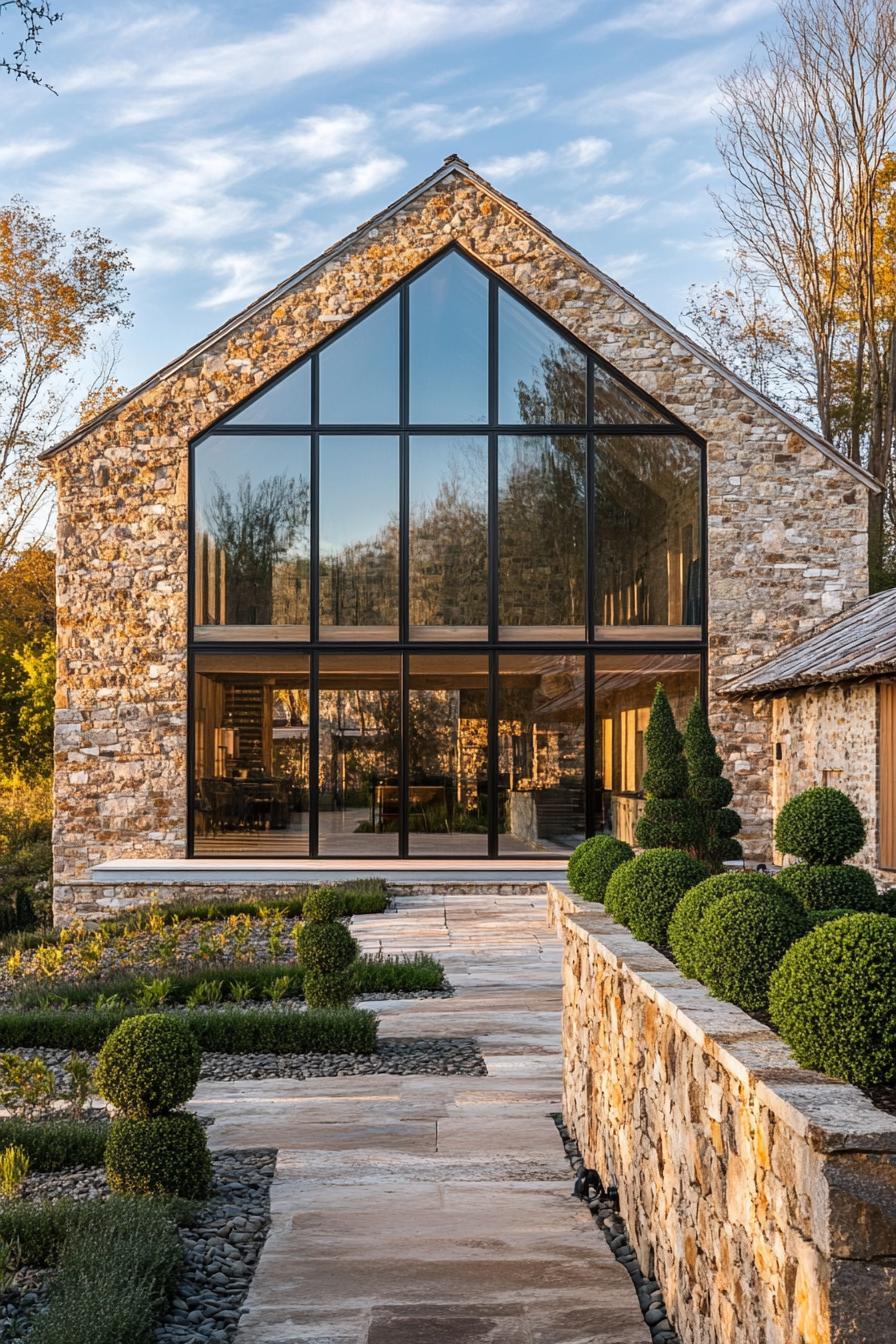 Modern stone barn with large glass facade