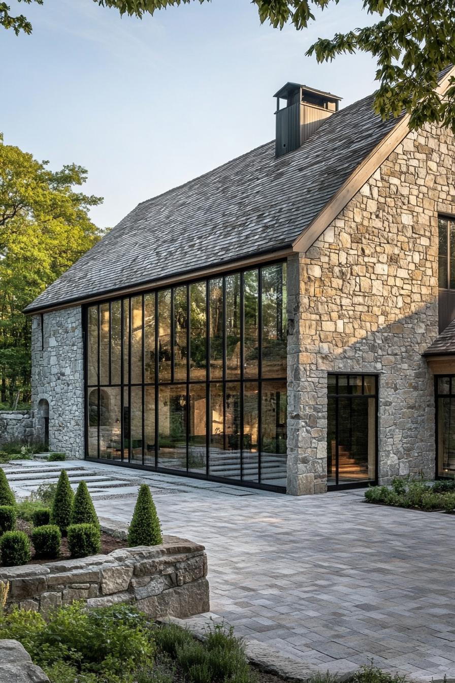 Elegant stone barn with large glass panels and serene surroundings