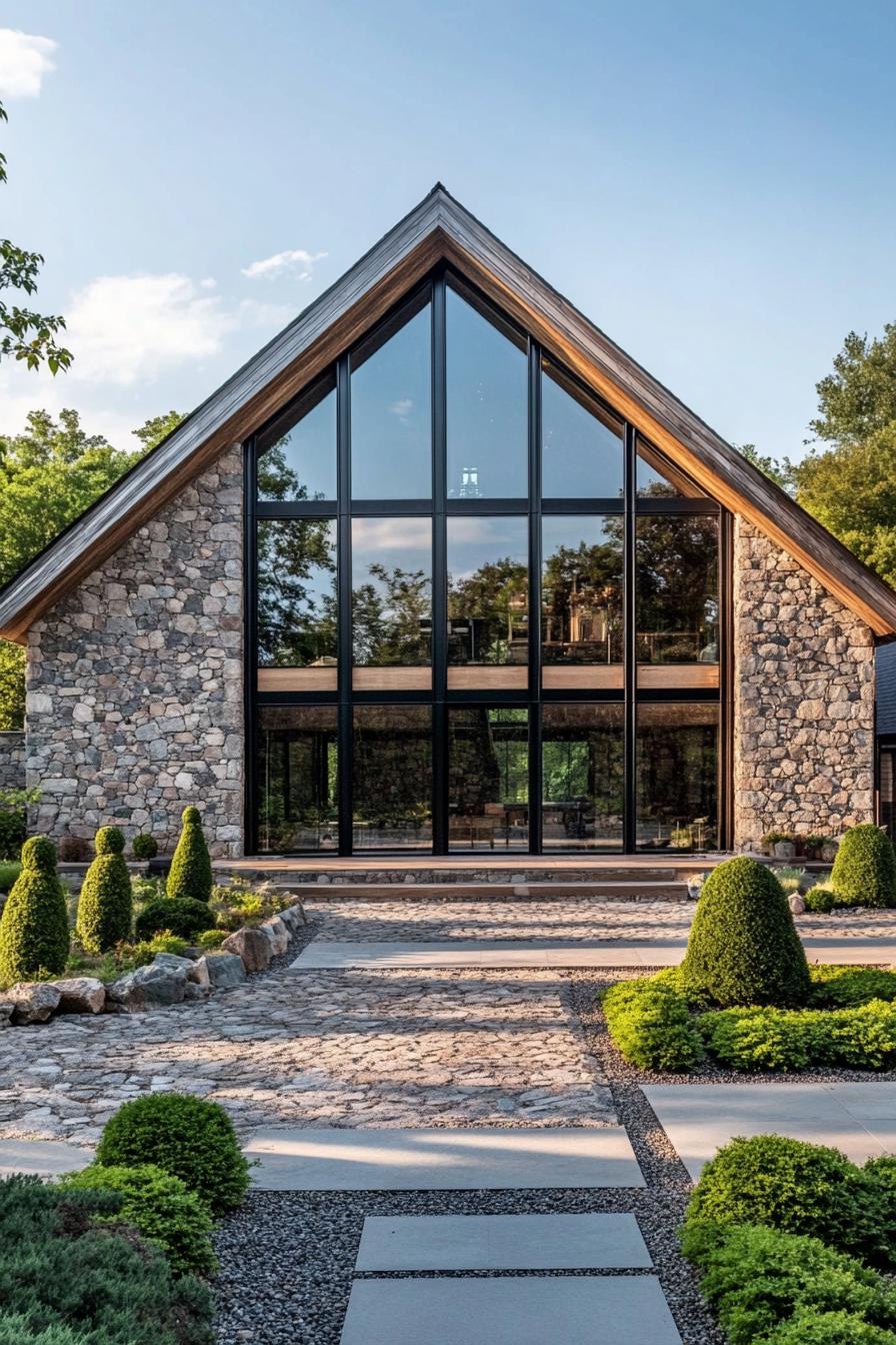 Modern stone barn with large glass windows and lush garden