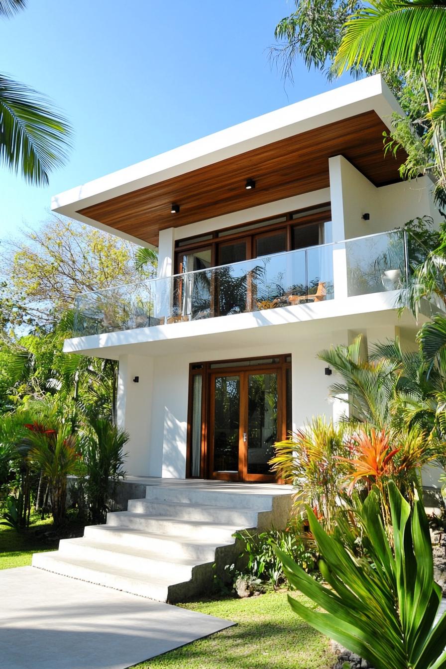 Modern tropical house with wooden accents and lush greenery