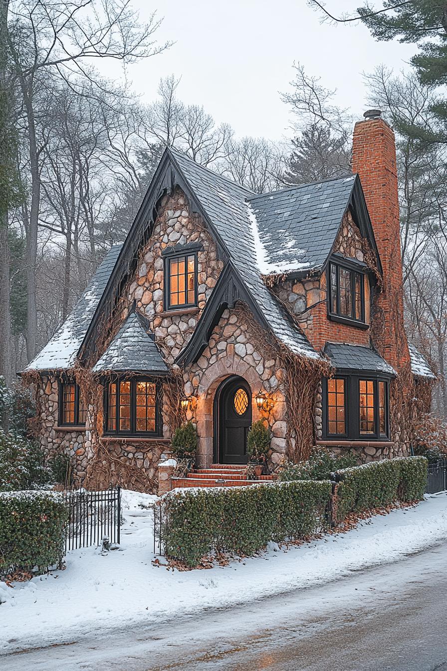 Charming rustic house with steep roof and snowy path