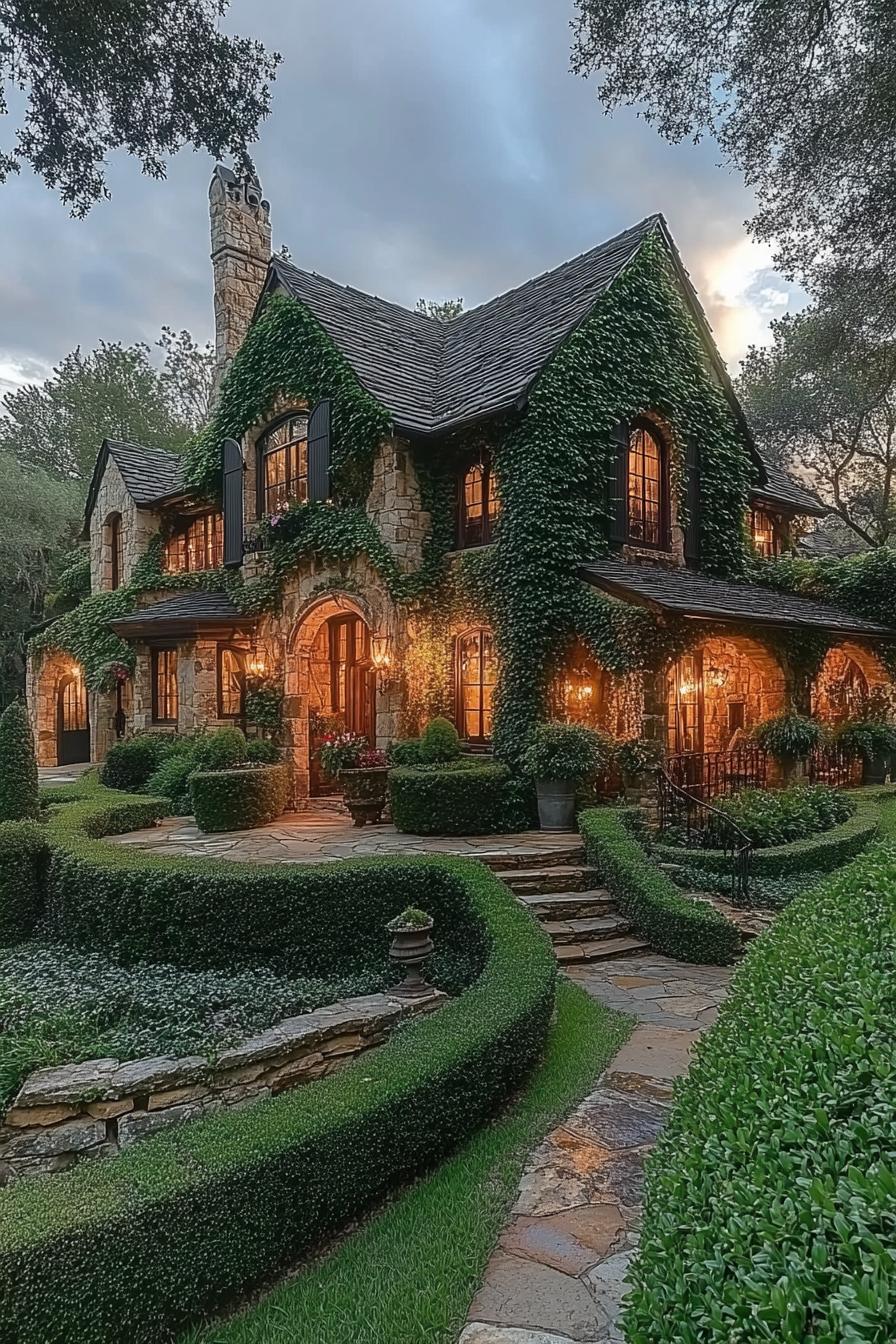 Charming stone house with ivy and warm lights