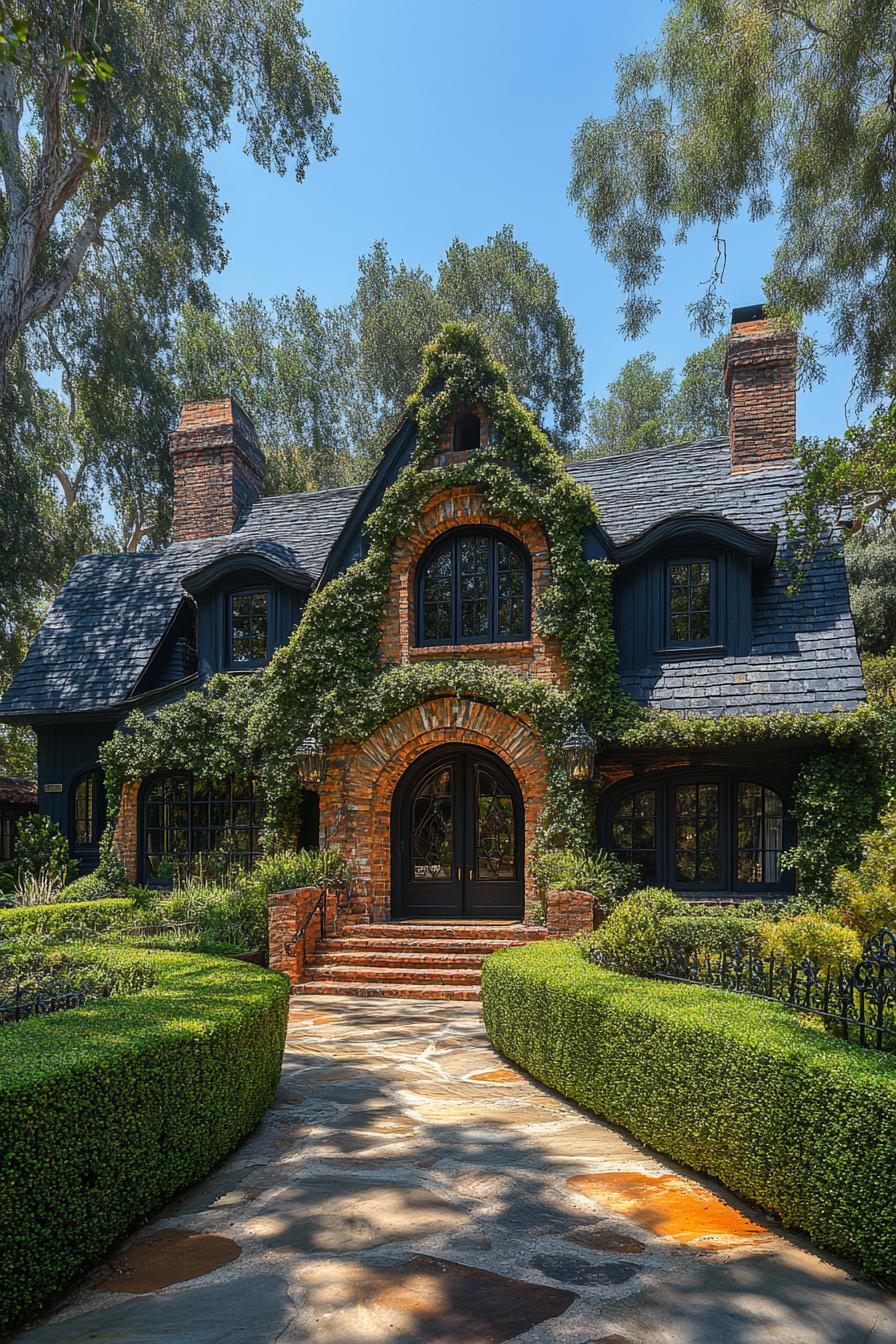 Storybook-style brick house adorned with ivy