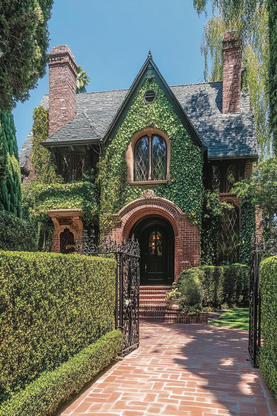 Brick house with ivy, pointed roof, and brick pathway