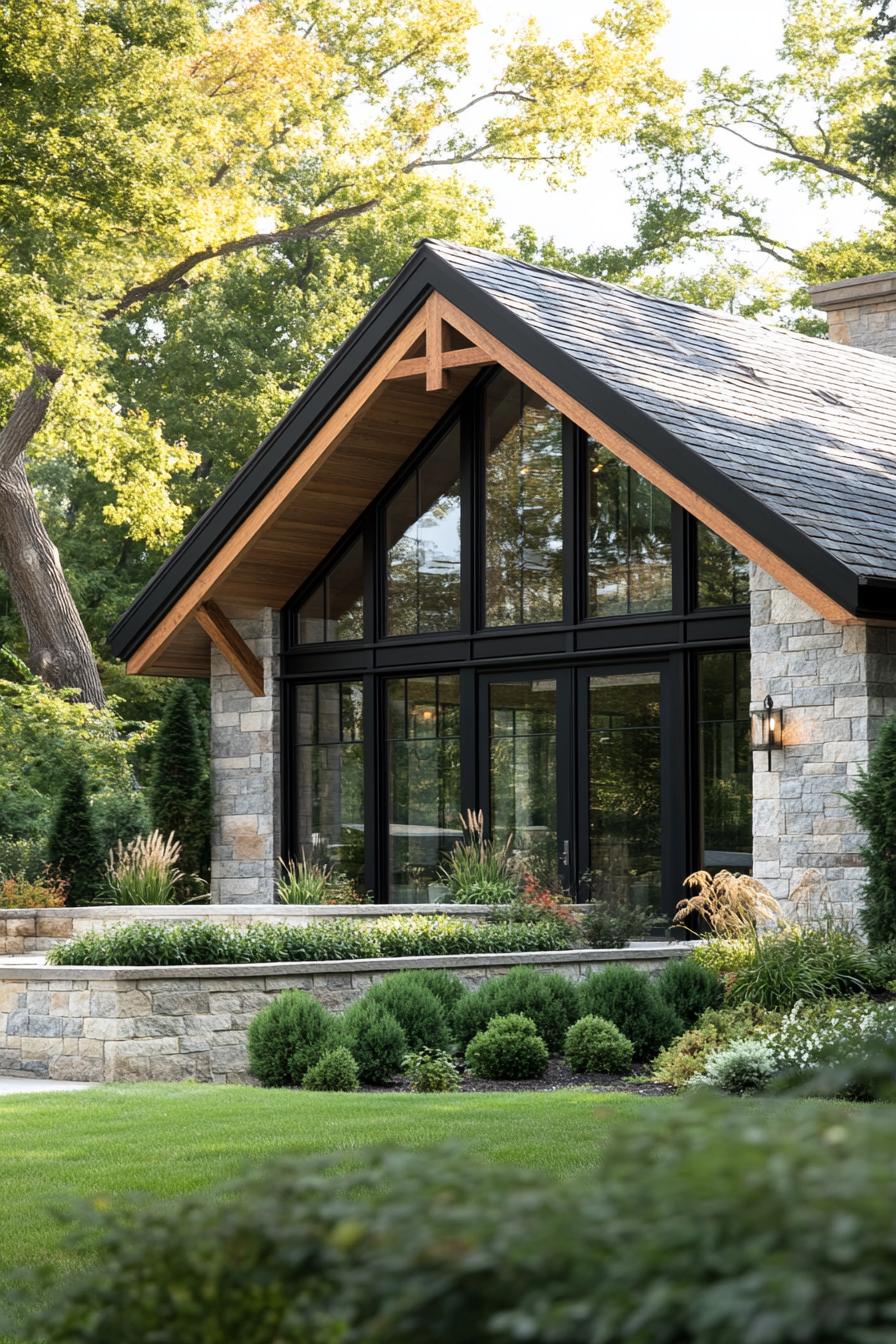 Modern farmhouse with large glass windows and stone exterior