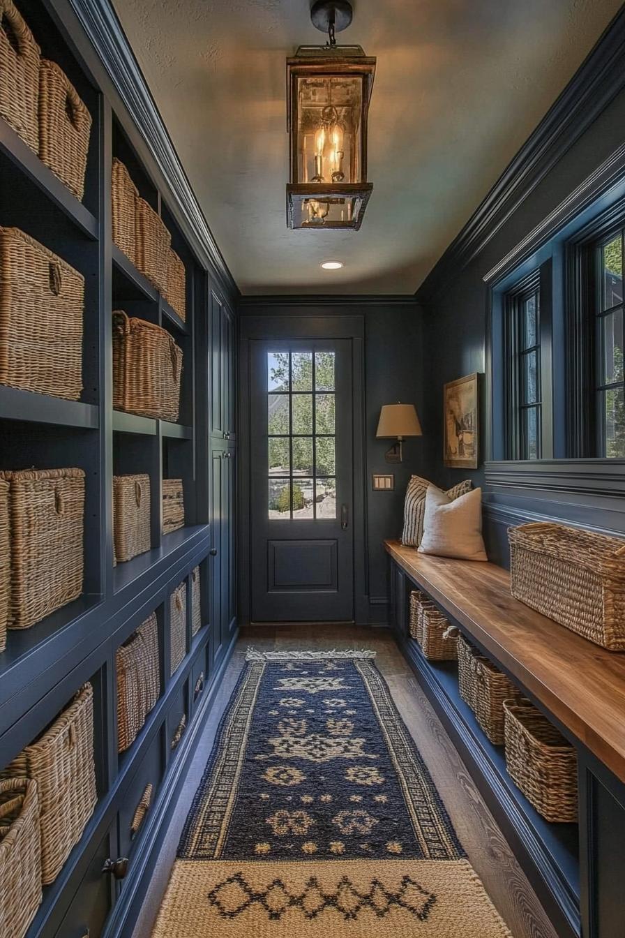 Navy blue mudroom with wicker baskets and wooden bench