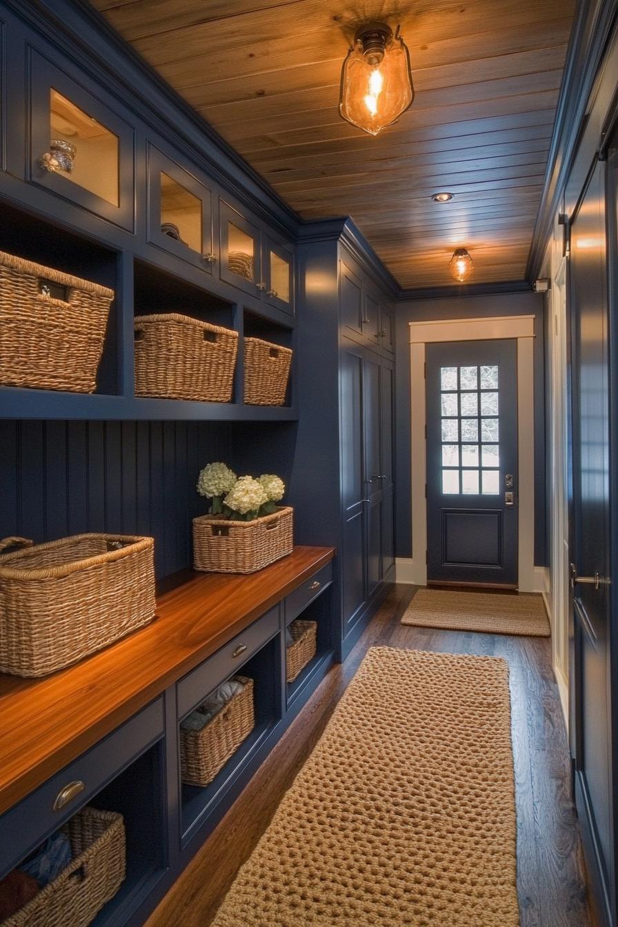 Cozy hallway with blue cabinetry and wicker baskets