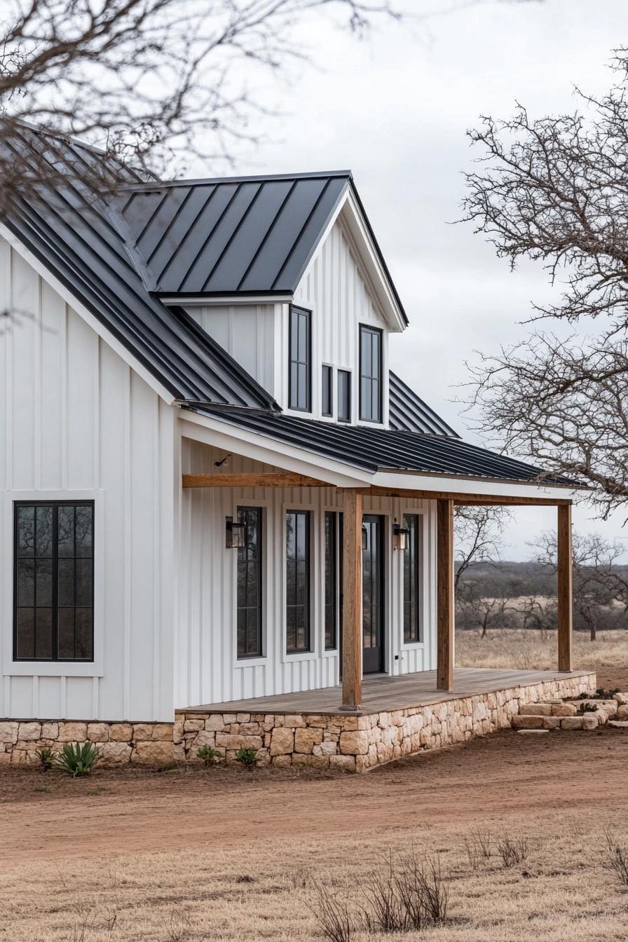 Charming white barndominium with a gable roof