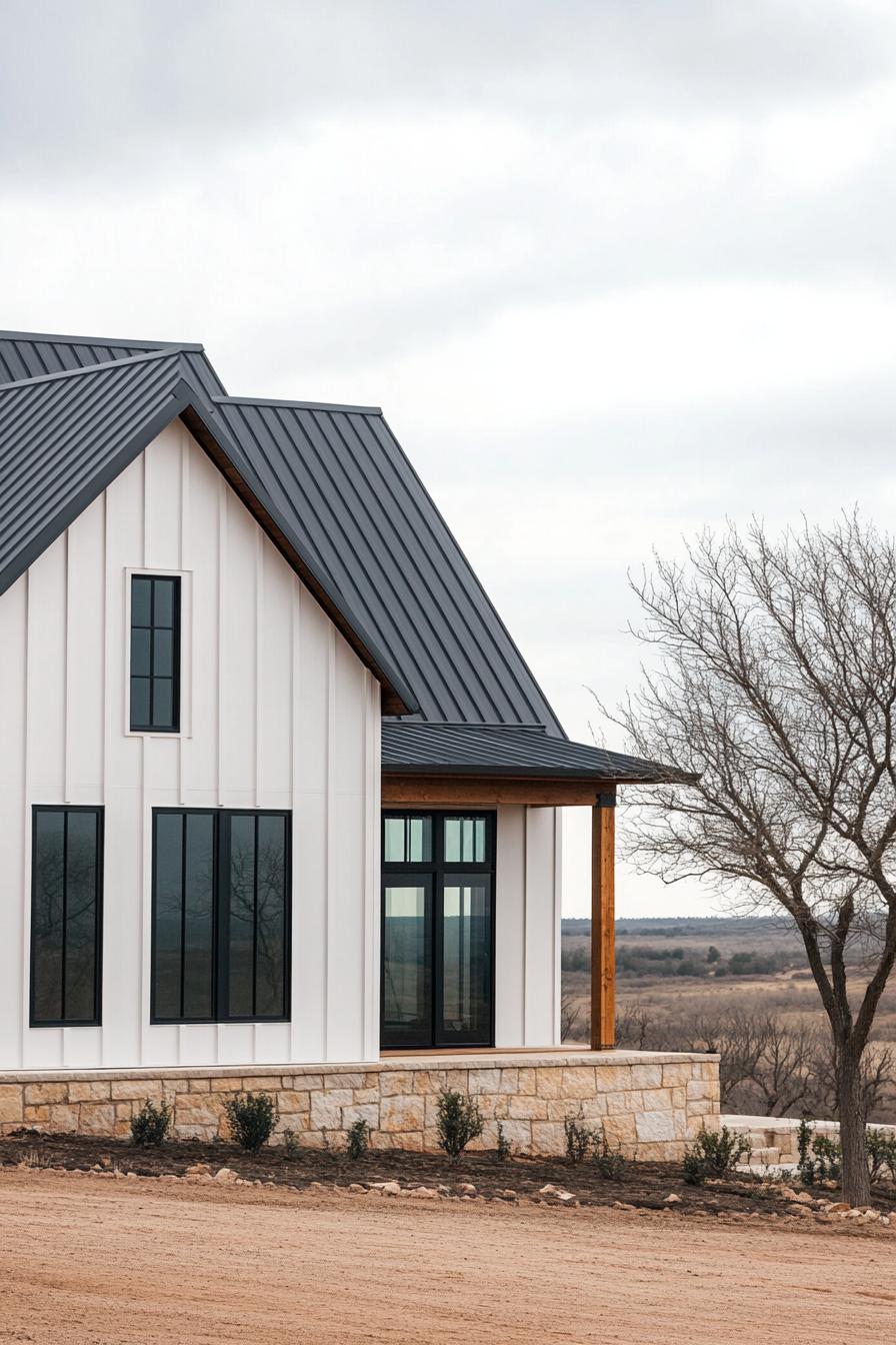 Modern barndominium with a metal roof and large windows