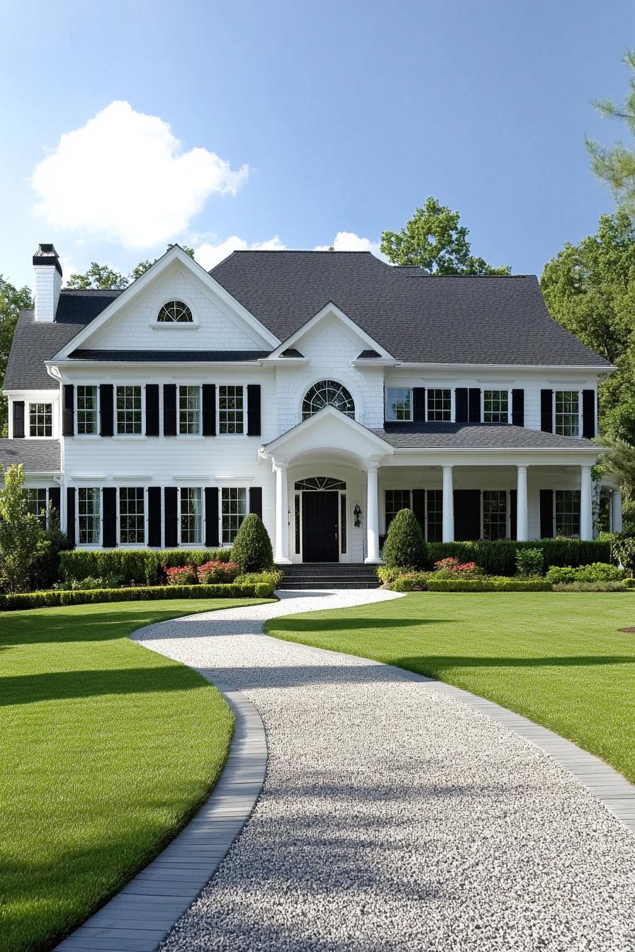 White mansion with black shutters and manicured lawn