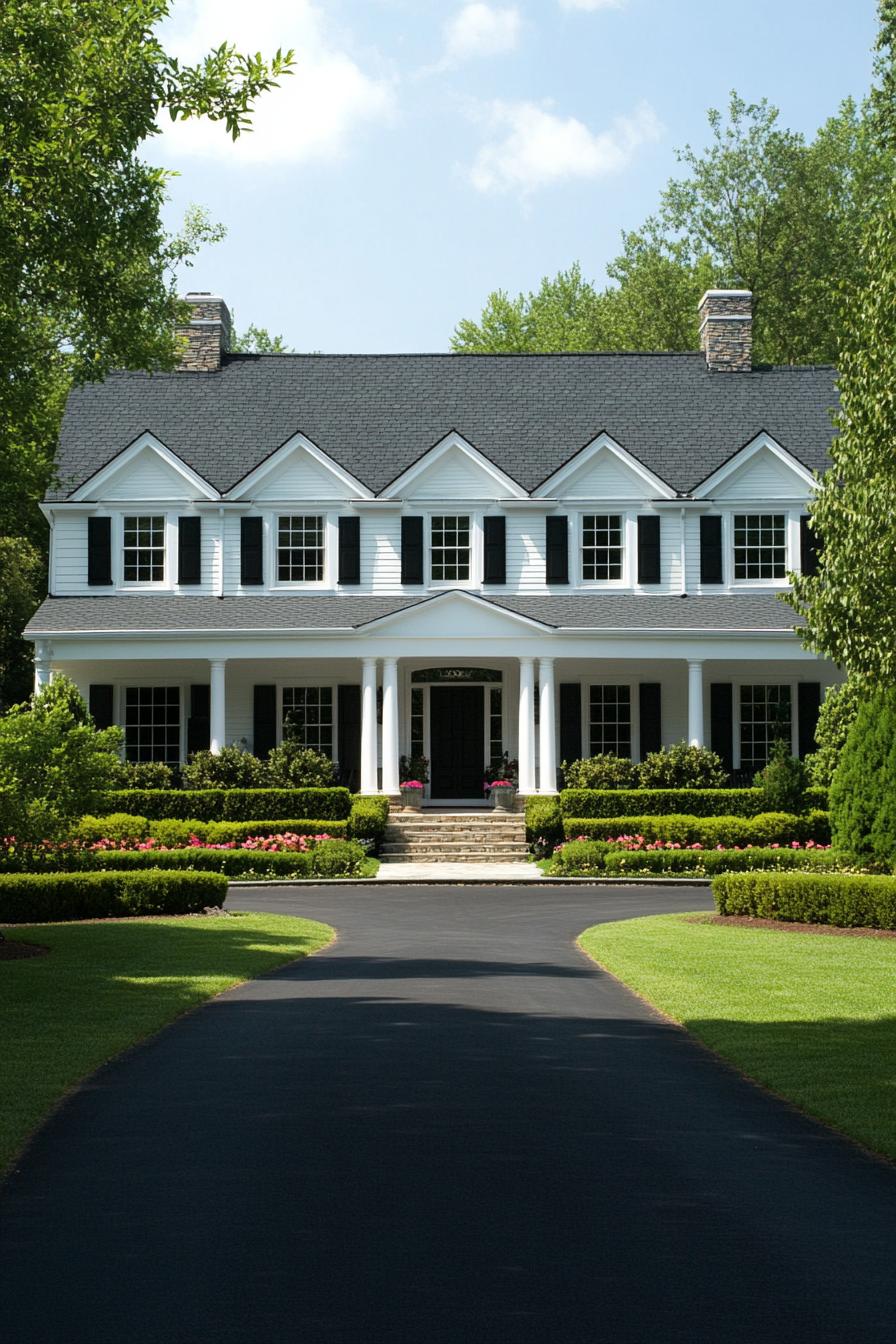 Elegant white colonial house with black shutters