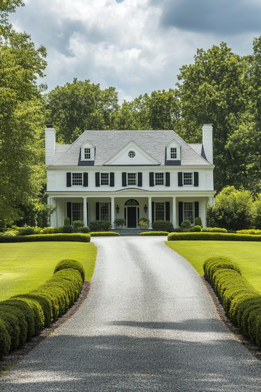 Colonial-style mansion with a long driveway and lush greenery