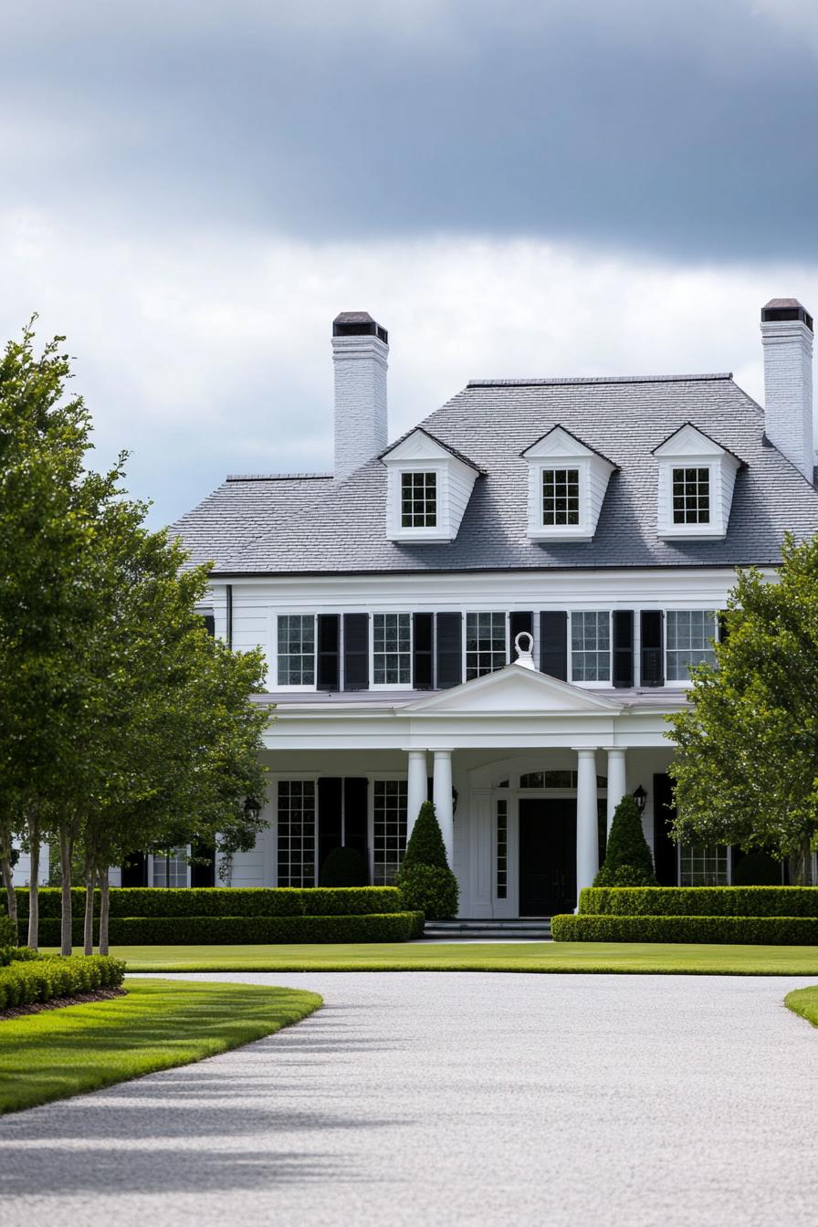 Elegant colonial-style house with white facade and lush greenery