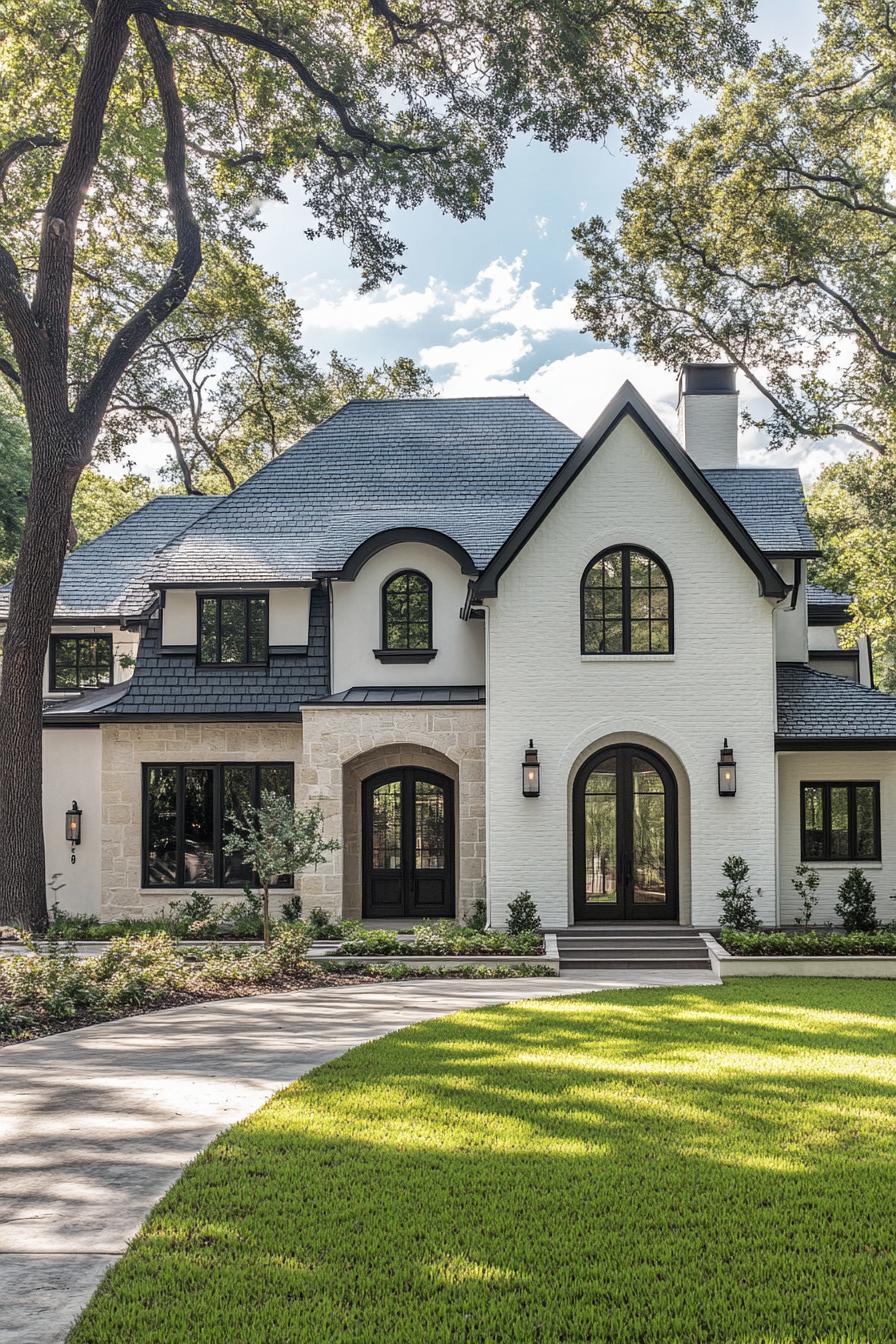 Elegant house with arched windows and gabled roof under trees