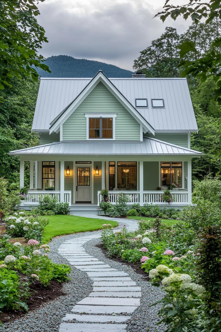 Charming house with a green roof and white porch